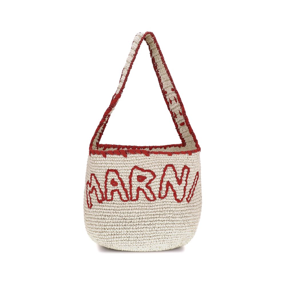 Marni Beigefarbene Raffiabestickte Schultertasche